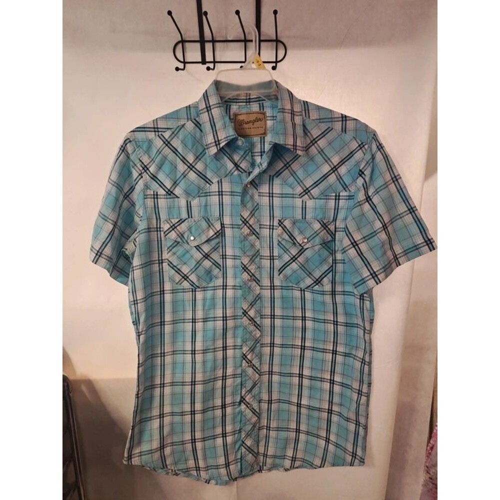 Wrangler Men’s Turquoise Plaid Short Sleeve Pearl Snap Western Shirt Size M